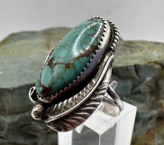 Sterling Silver and Turquoise Ring with Leaf Deta… - image 2