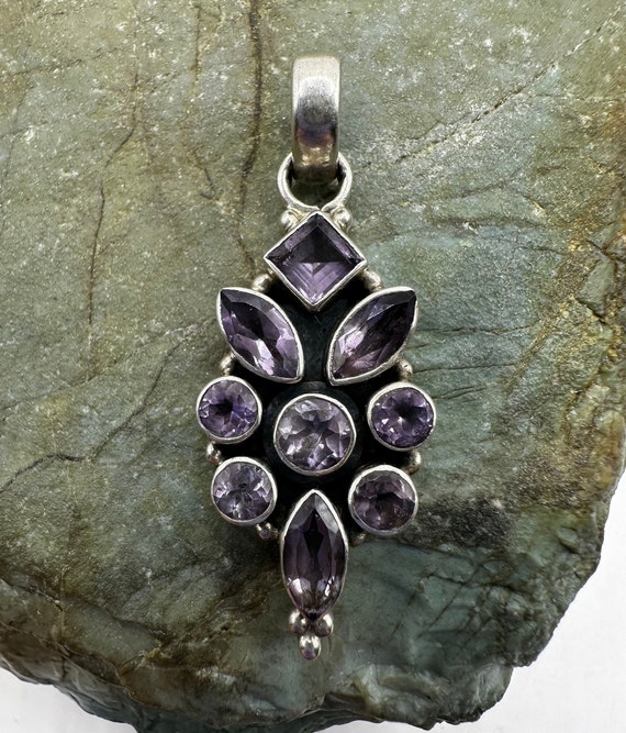 Sterling Silver and Amethyst Multi-stone Pendant … - image 1