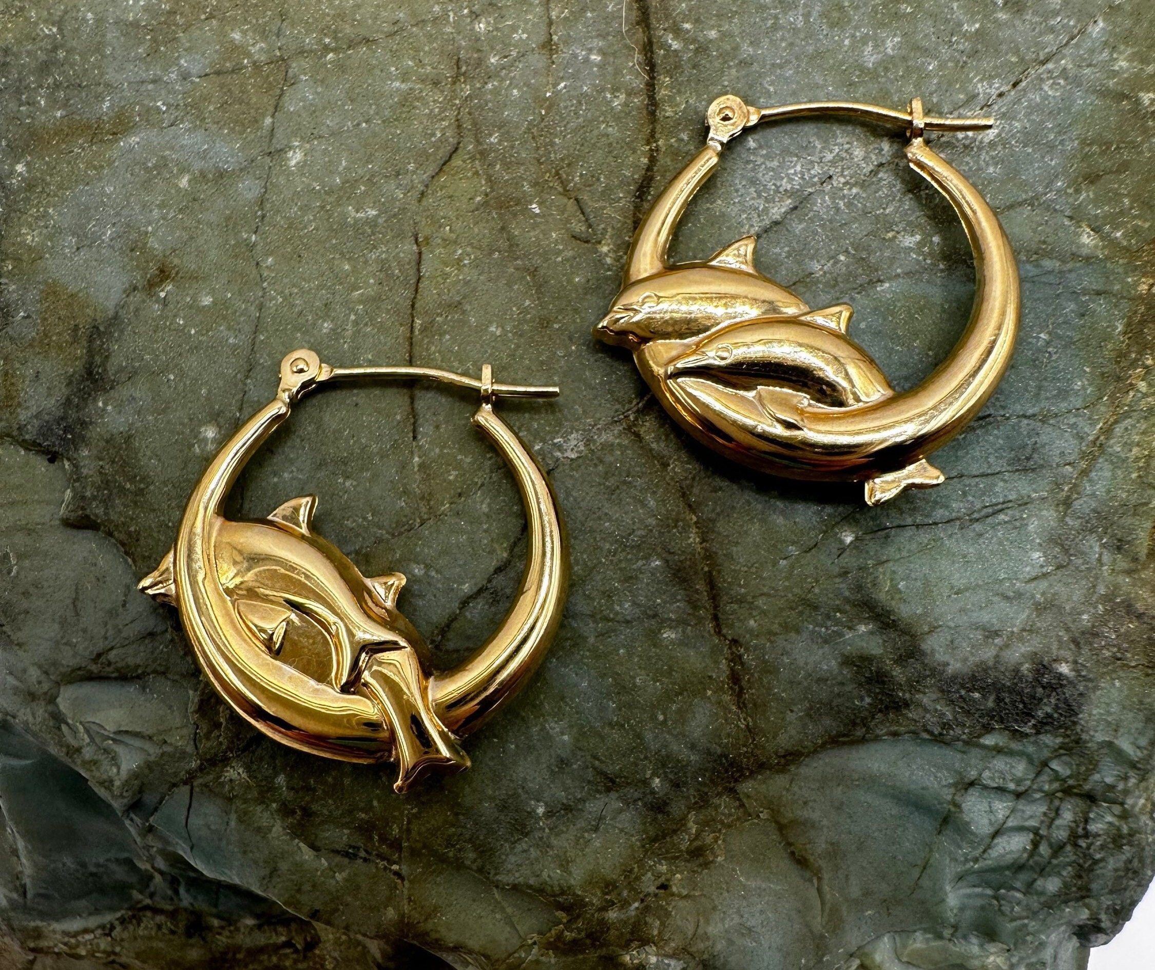 14k Yellow Gold Hollow Dolphin Hoop Earrings 3 4 3928 Etsy