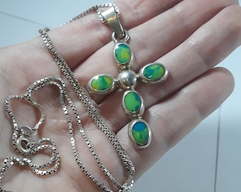 Sterling Gemstone Cross Pendant on 24&quot; Chain Solid Silver 925 Neon Blue Green Stone Christian Cross Mexico Long Chain Necklace (2069)
