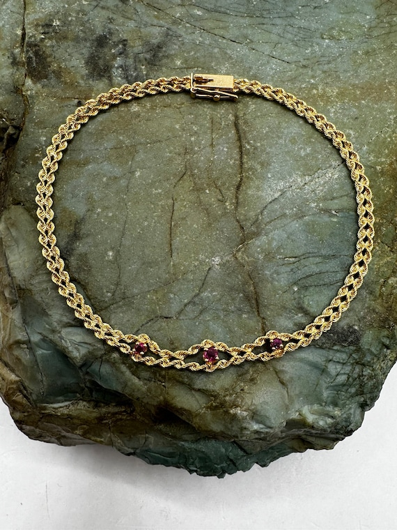 14k Yellow Gold 3mm Rope Chain Bracelet with Pink 