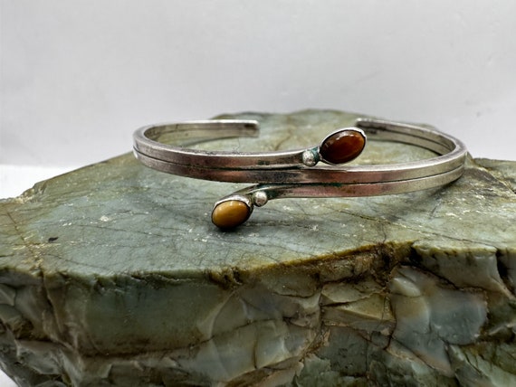 Sterling Silver and Brown Cabochon 4mm Cuff Brace… - image 1