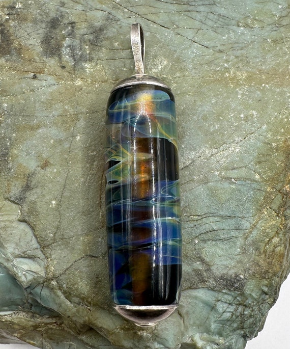 Sterling Silver and Art Glass Cylinder Pendant 2.5