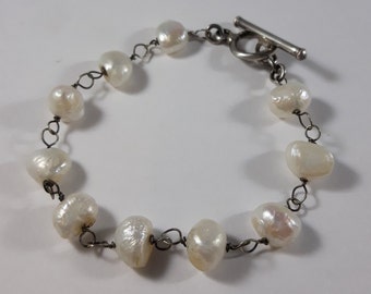 Sterling Pearl 7.5" Bracelet Chain and Cultured Pearl Beads Toggle Clasp Solid Sterling Silver White Pearls (1550)