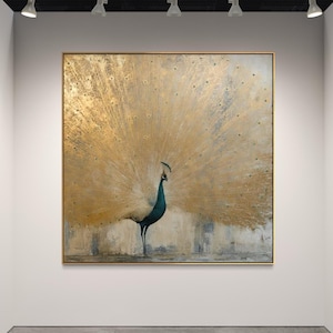 Large handmade peacock wall art with textured gold leaf background and a teal peacock with an open tail. Modern oil painting for living room decor.