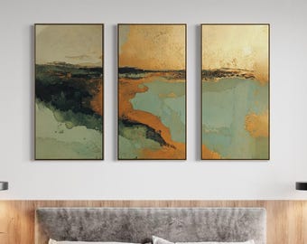 Abstract drieluik saliegroen schilderij, set van 3 canvas, luxe muurkunst bladgoud