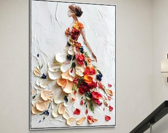 3D-bloemolieverfschilderij, botanisch dopaminekunstwerk, trouwjurkdecor