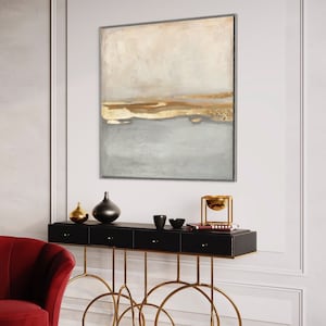Girly wall art, Neutral painting white beige and gold canvas, Large abstract wall decor
