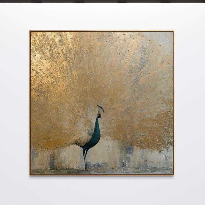 Abstract peacock acrylic painting in gold and turquoise tones. Textured canvas wall art with gold foil finish, framed square artwork.