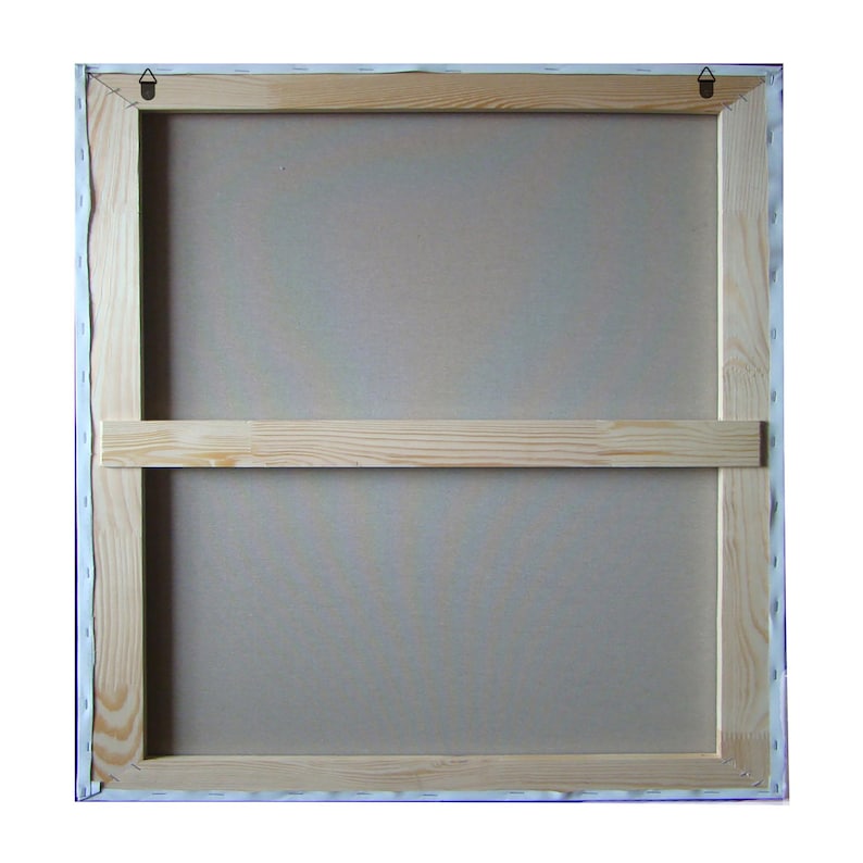 Rear View & Stretcher Quality
A technical photograph showing the professional reverse side of a stretched canvas. Structure: Features a sturdy, natural wood stretcher bar frame with a central horizontal support beam for added stability. Hardware: Two metal sawtooth hangers are pre-installed at the top corners for easy, balanced mounting. Craftsmanship: The canvas is neatly pulled tight and secured with professional staples along the back. Ready to Hang: Shows a clean, gallery-standard finish.