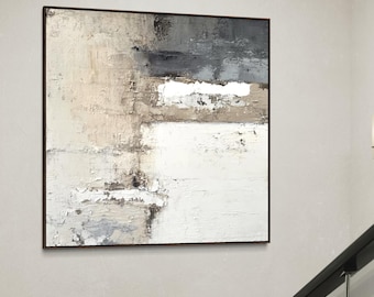 Pintura abstracta japonesa texturizada, arte mural wabi sabi en beige y gris