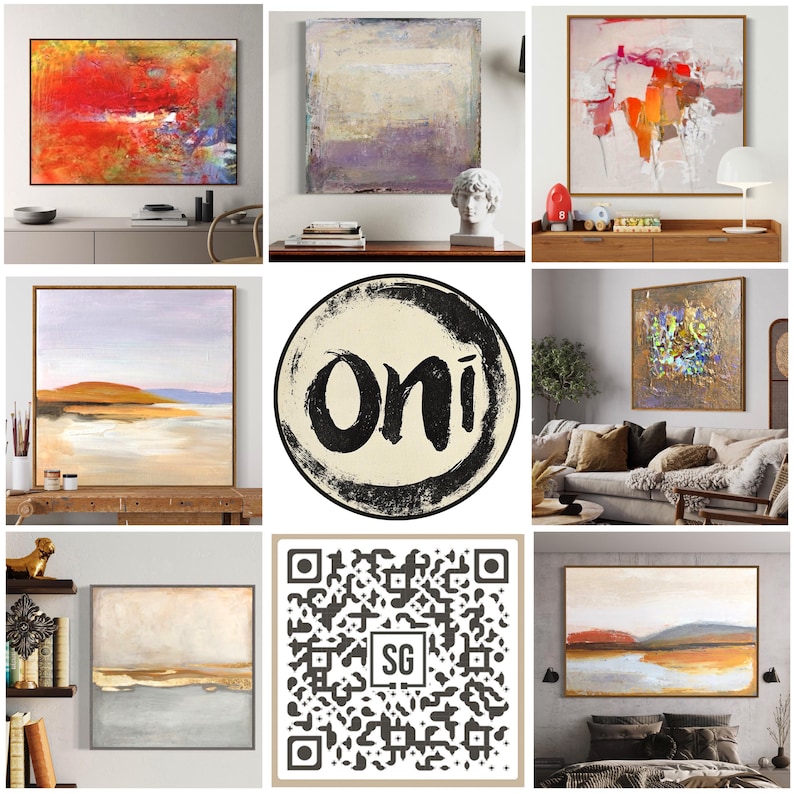 Op de afbeelding: Een collage van acht abstracte schilderijen met diverse kleurenpaletten en texturen, waaronder levendige rode tinten, zachte neutrale kleuren en gouden accenten, gecentreerd rond een rond logo met de tekst Oni en een vierkante QR-code met de letters SG.