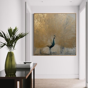 Beige kunst aan de muur pauw, handgeschilderd getextureerd schilderij, luxe canvaskunst, moderne vogelkunst, statement-kunstwerk voor woonkamerdecor afbeelding 13