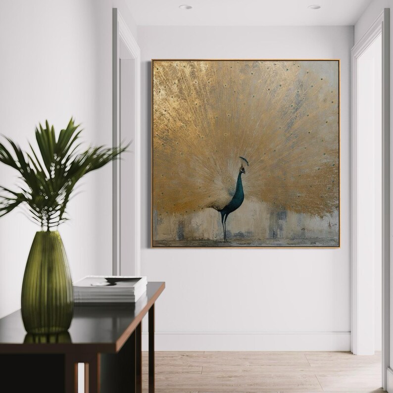 Beige kunst aan de muur pauw, handgeschilderd getextureerd schilderij, luxe canvaskunst, moderne vogelkunst, statement-kunstwerk voor woonkamerdecor afbeelding 13
