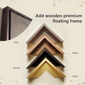 Oak Floating Frame Choices. A graphic showcasing four solid oak floating frames for an elegant artwork finish. Top Left Inset: A closeup showing a dark grey frame profile holding a piece of textured artwork. Central Display: Four V-shaped corners showing available finishes, stacked: Grey, Beige (Natural Oak), Brown (Dark Stained), and Gold (Gilded Finish). Feature: Solid oak, premium floating design.
