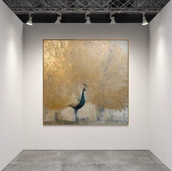 Beige Peacock Wall Art, Hand Painted Textured Painting, Luxury Canvas Art, Modern Bird Art, Statement Artwork for Living Room Decor