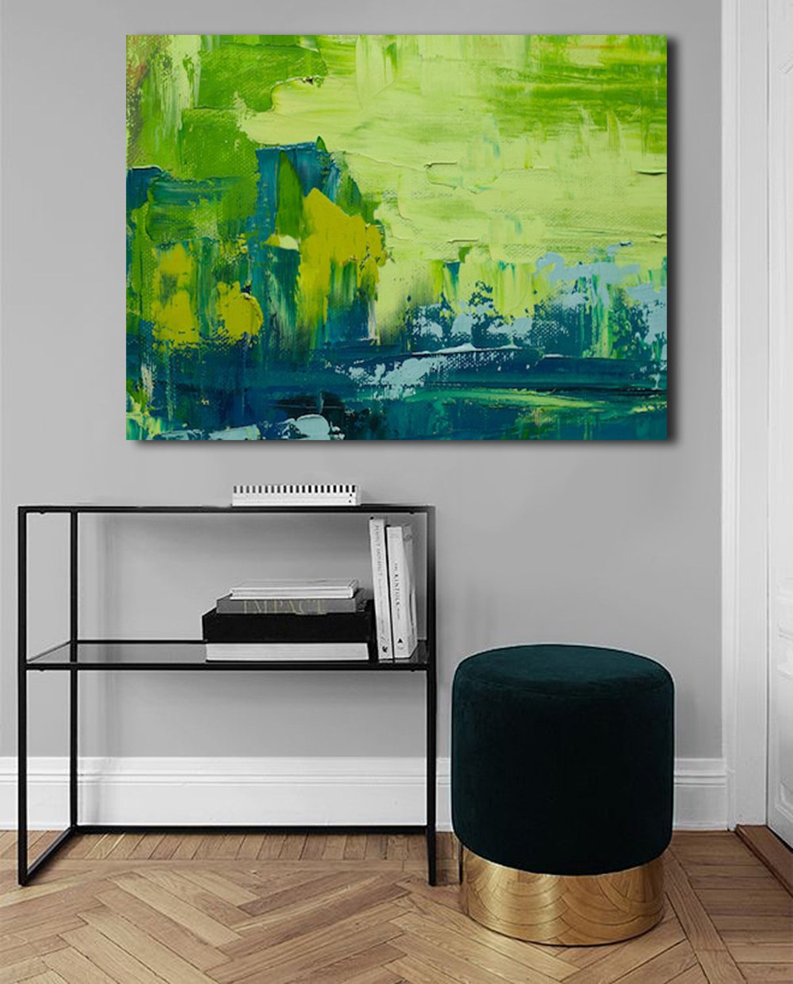 Chartreuse Green Painting Abstract Art on Canvas Large Blue Etsy