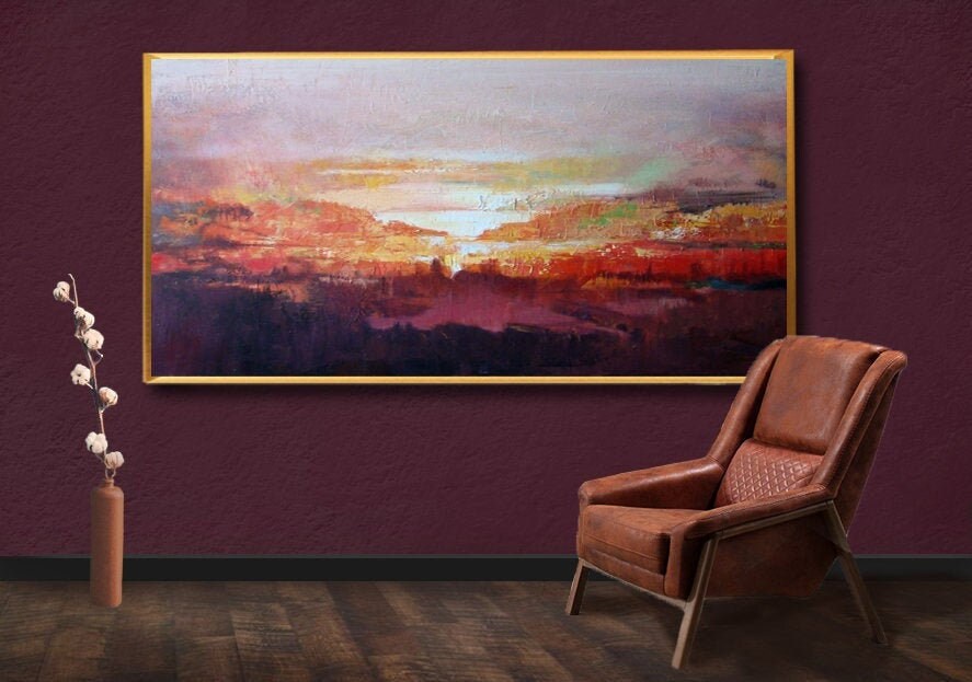 Long Narrow Abstract Landscape Painting Violet Red Orange Etsy