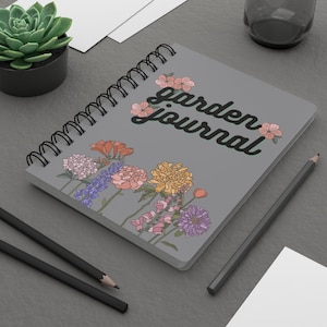 Floral Garden Journal Spiral Notebook -- Gray Notebook, Gardeners Journal, Flower Seed Log Book, Gardeners Gift, Gift for Mom, 5&quot; x 7&quot;