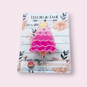 Porta credencial de árbol de Navidad rosa, porta credencial de galleta, regalo navideño para enfermera
