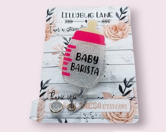 Porte-badge rose pour bébé barista, cadeau pour infirmière en salle de travail, porte-badge pour technicien(ne) laitier(ère)