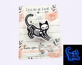 Xray Cat Badge Reel, Skeleton ID Holder, X-Ray Tech Gift, Halloween Badge Topper