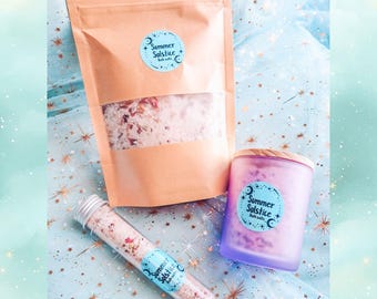 Sels de bain célestes du solstice d'été • Bain de lune au jasmin et à la rose avec un mélange de 5 sels, cadeau de bien-être spirituel, extraits de roses séchées