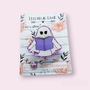 Book Ghost Badge Reel, Spooky Basket Gift, Cute Halloween ID Holder