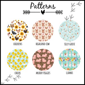 May include: A set of 6 colorful patterns featuring various farm animals, including chickens, cows, geese, chicks, pigs, and llamas. The patterns are arranged in a grid with the word "Patterns" at the top.