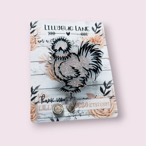 Silkie Chicken Retractable Badge Reel, Chicken Lady Gift, Farm Animal Key Card Holder
