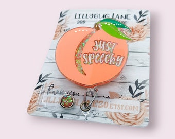 Just Speechy Badge Reel, Speech Pathologist Gift, Peach ID Holder, SLP Badge