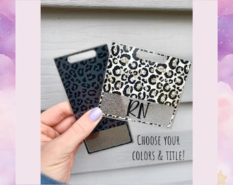 Leopard Print Badge Buddy, Cute Medical ID Name Plate, Custom Glitter Badge Buddy