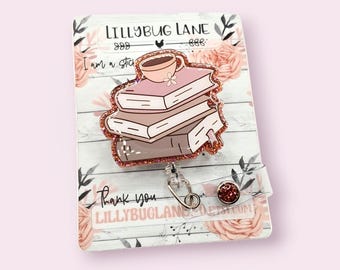 Bobine d'insigne de livres empilés, support d'identification de livres et de café, cadeau pour les amoureux des livres