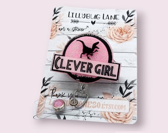 Clever Girl Badge Reel, Pink Dinosaur ID Holder, Velociraptor Badge