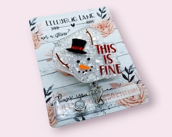 This Is Fine Snowman Badge Reel, Funny Snowman Badge Holder, Cute Christmas ID Tag
