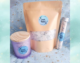 Sels de bain célestes Cosmic Slumber • Bain de lune à la lavande et à la menthe poivrée, rituel de sommeil profond en 5 sels, boutons de lavande séchés