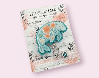 Floral Manatee Badge Reel, Florida ID Holder, Summer Beach Badge Clip