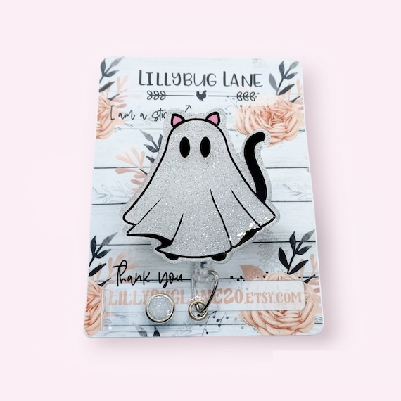 Ghost Cat Badge Reel, Cute Halloween Badge Pull, Spooky ID Holder