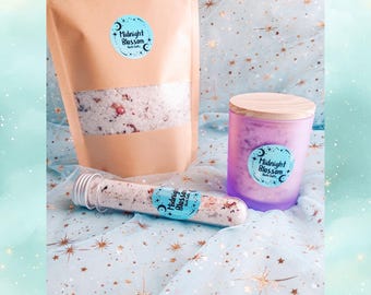 Sels de bain célestes Fleur de Minuit • Bain de lune au jasmin et à la rose avec fleur de pois papillon, mélange rituel naturel de 5 sels aux couleurs changeantes