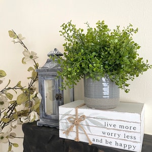 May include: A decorative arrangement featuring a gray ceramic pot filled with green foliage atop a stack of white wooden books tied with twine. The books have the text "live more worry less and be happy". A gray lantern and floral branch are also present.