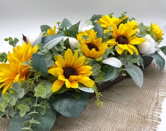 Sunflower Centerpiece for Dining Table, Farmhouse Arrangement in Wooden Planter, Summer Floral Home Decor, Rustic Mantel Decoration Idea