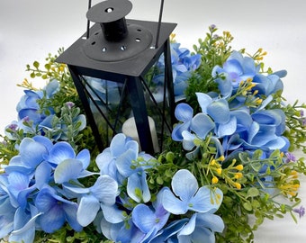 Summer Table Wreath, Small Farmhouse Arrangement for Dining Table, Floral Coffee Table Ring with Lantern, Blue Hydrangea Living Room Decor