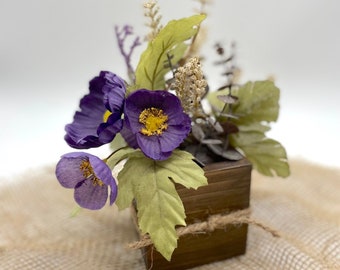 Purple Fake Flowers in Wooden Vase, Rustic Arrangement for Coffee Table, Modern Farmhouse Floral Decoration, Artificial Small Centerpiece