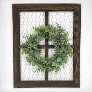 Chicken Wire Frame with Eucalyptus Wreath, Rustic Window Frame Mantel Shelf Decor, Modern Farmhouse Wall Hanging, Primitive Decoration
