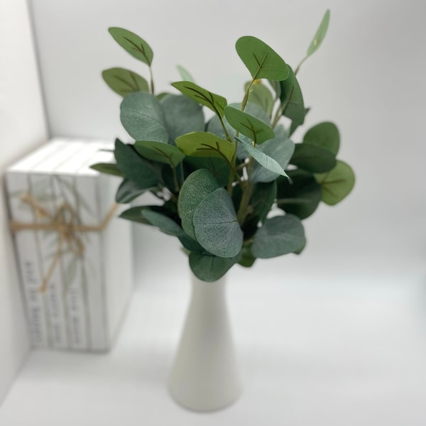 Tall Eucalyptus Arrangement in White Ceramic Vase, Fake Plants Shelf Decoration, Elegant Greenery Home Decor, Green Stems for Console Table