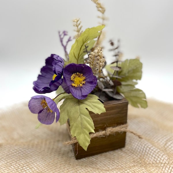 Purple Fake Flowers in Wooden Vase, Rustic Arrangement for Coffee Table, Modern Farmhouse Floral Decoration, Artificial Small Centerpiece