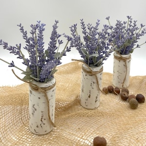 Mini arreglo de plantas de lavanda, decoración de bandeja escalonada de lavanda, conjunto de arreglos florales pequeños de 3 frascos de vidrio, idea de decoración de mesa de centro de otoño