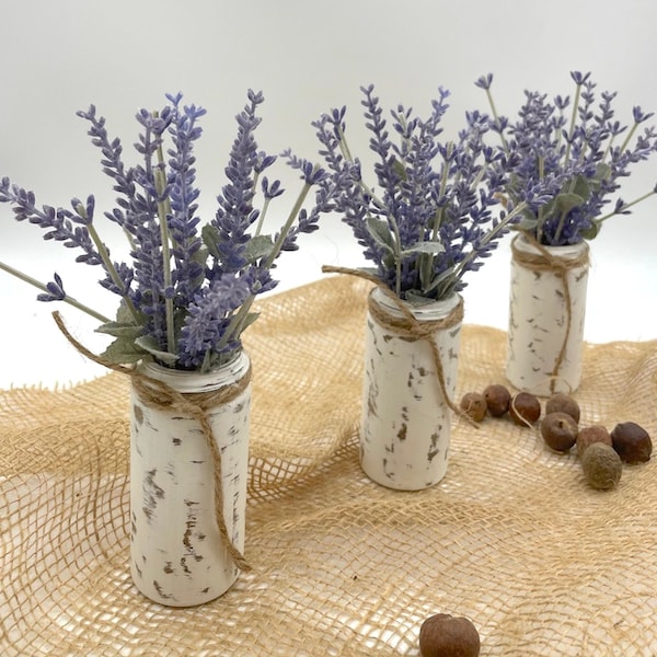 Mini Lavender Plant Arrangement, Lavender Tiered Tray Decor, Small Floral Arrangement Set of 3 Glass Jars, Fall Coffee Table Decoration Idea