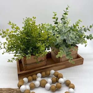 Fake Pflanzen Wohnkultur, Faux Greenery, Esstisch Arrangement Set, Alltagspflanze im Holzpflanzer, Küchentheke Frühlingsdekoration