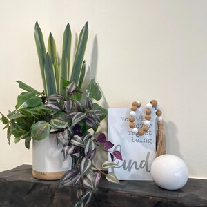 May include: A decorative arrangement featuring a potted plant with green and purple foliage, a wooden bead garland, a white ceramic sphere, and a sign that reads "You will never regret being kind."
